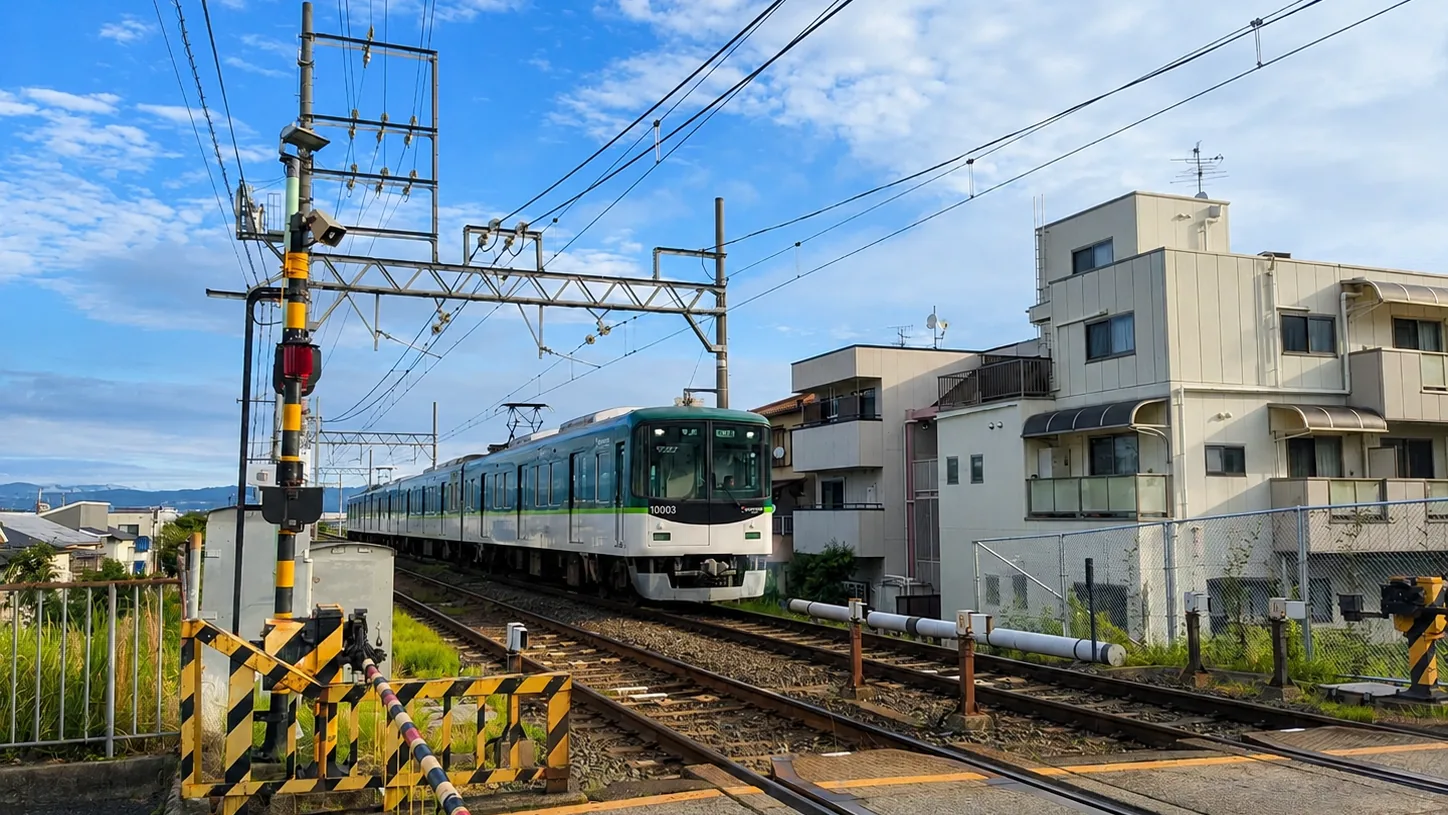 交野を走る京阪電車と踏切